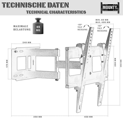 MOUNTY TV Muurbeugel MY155 Draaibaar en kantelbaar tot VESA 400x400