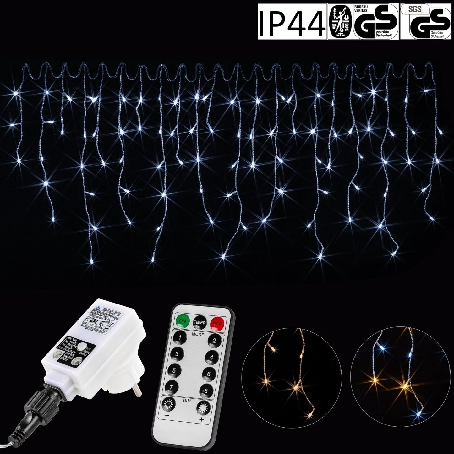 VOLTRONIC LED gordijn 200 LEDs Met Afstandsbediening | Transparante kabel Koud Wit