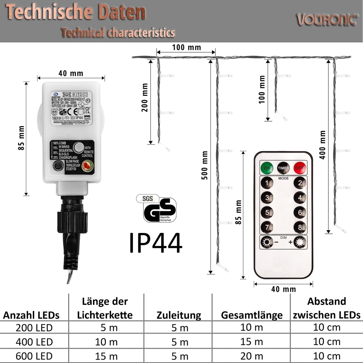 VOLTRONIC LED gordijn 200 LEDs Met Afstandsbediening | Transparante kabel Koud Wit