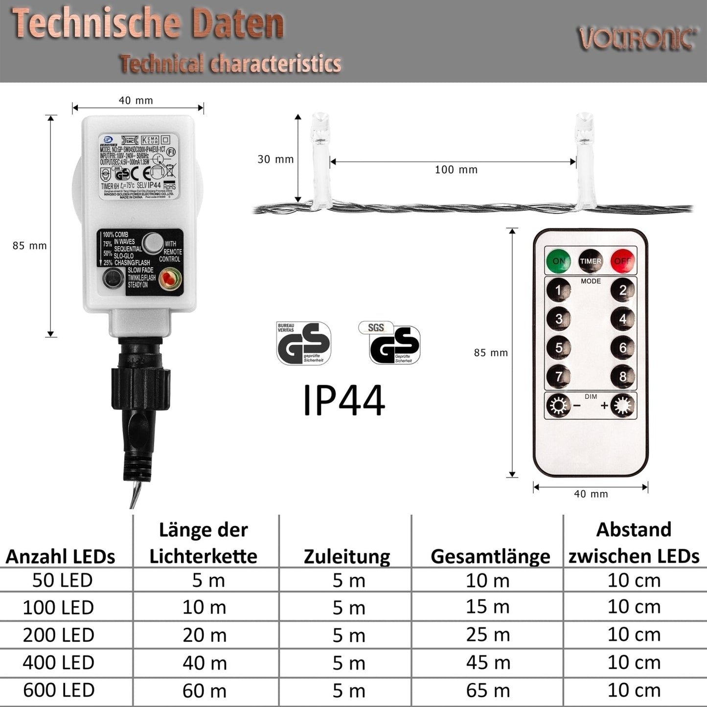 VOLTRONIC Lichtsnoer 200 LEDs met afstandsbediening | Transparante kabel Warm Wit