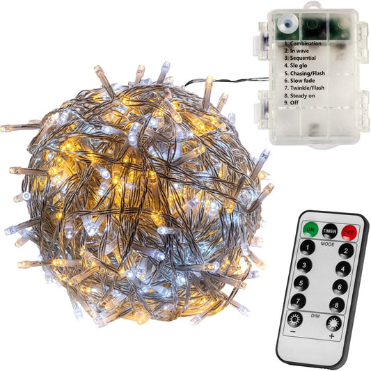 VOLTRONIC Lichtsnoer 100 LEDs met afstandsbediening | Batterij Groene kabel Warm en Koud Wit