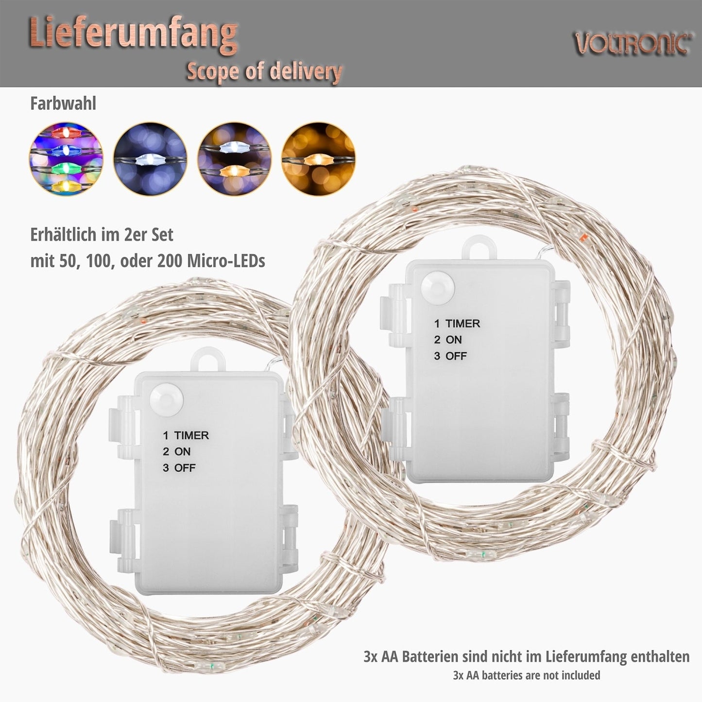 VOLTRONIC Set van 2 lichtsnoeren 50 LED's Batterij Warm Wit