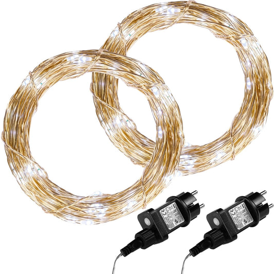 VOLTRONIC Set van 2 lichtsnoeren 100 LED's Adapter Koud Wit