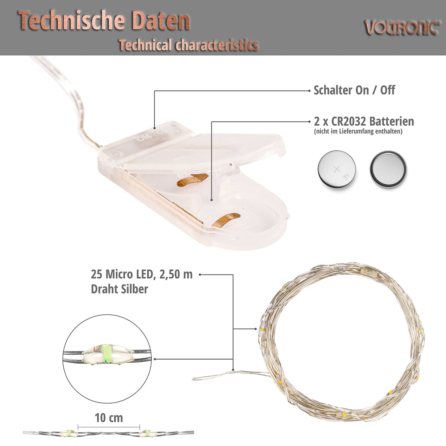 VOLTRONIC Set van 10 lichtsnoeren 25 LED's Batterij Warm Wit