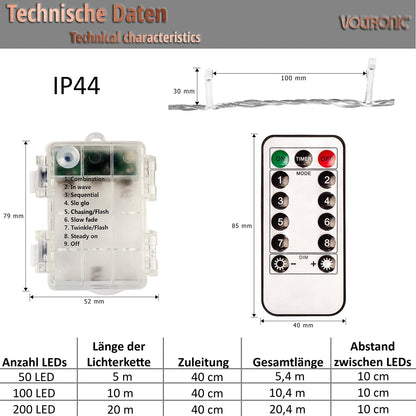 VOLTRONIC Lichtsnoer 50 LEDs met afstandsbediening Batterij | Groene kabel Warm Wit