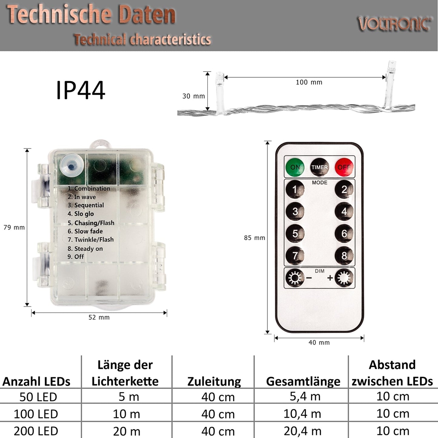 VOLTRONIC Lichtsnoer 100 LEDs met afstandsbediening | Batterij Groene kabel Warm Wit