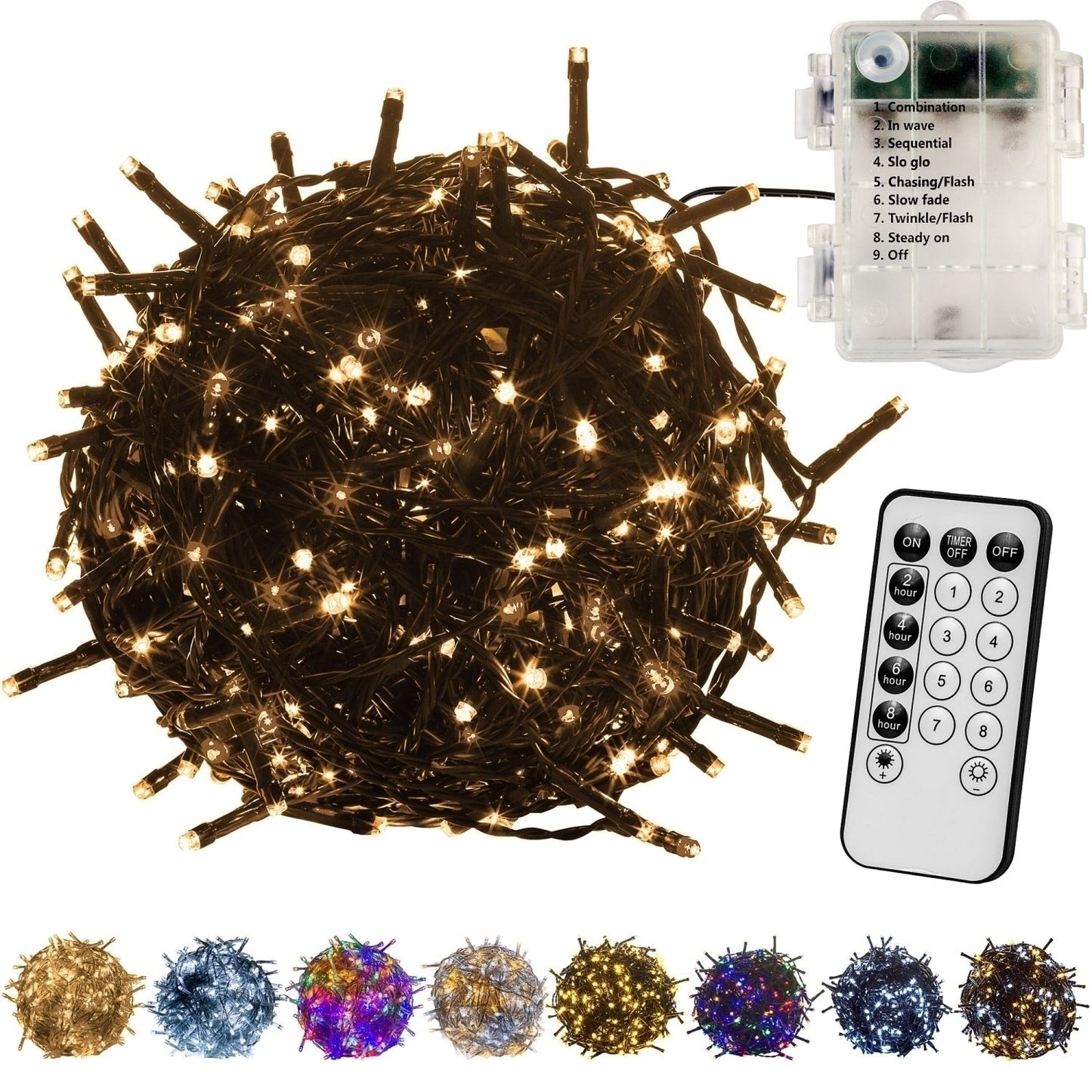 VOLTRONIC Lichtsnoer 100 LEDs met afstandsbediening | Batterij Groene kabel Warm Wit