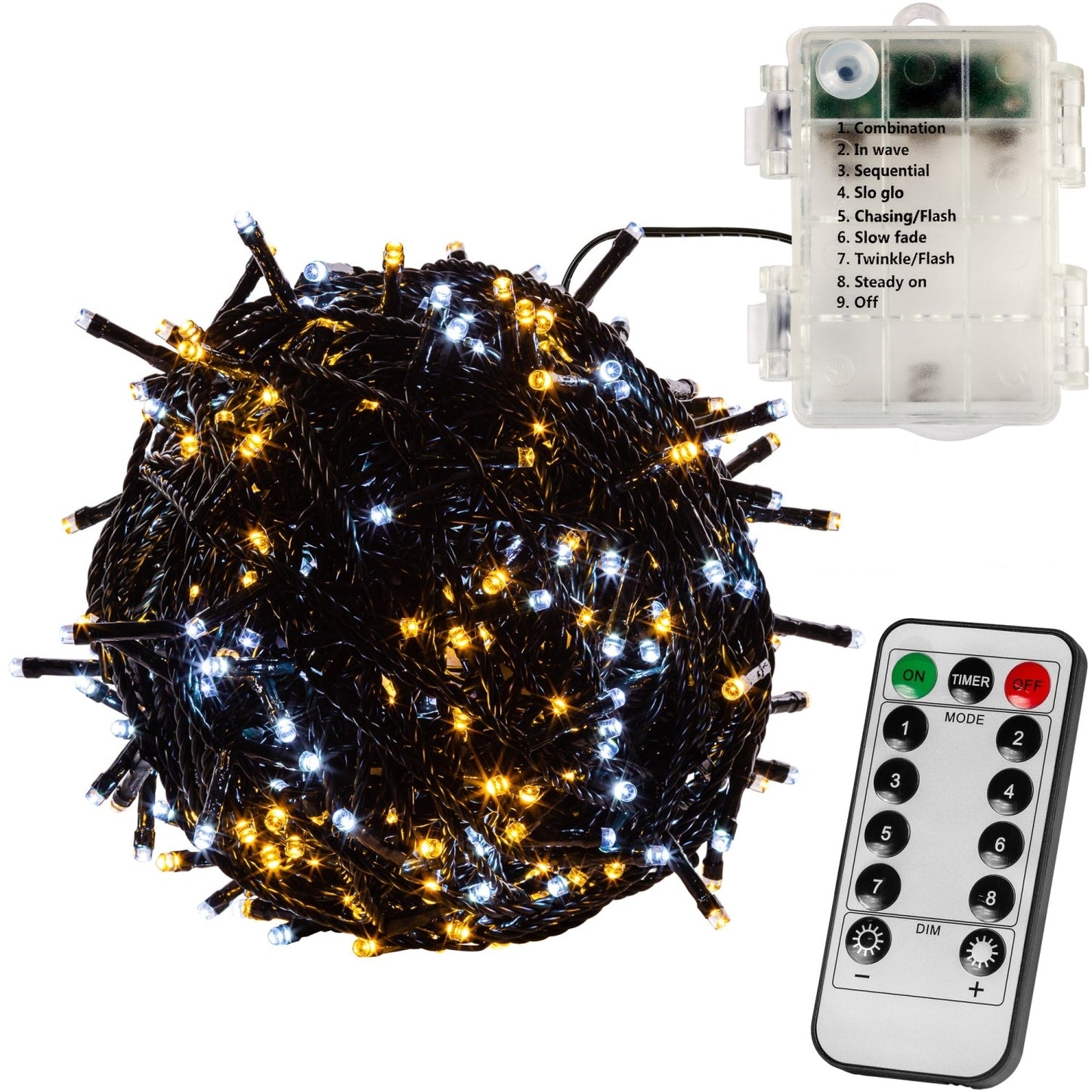 VOLTRONIC Lichtsnoer 100 LEDs met afstandsbediening | Batterij Transparante kabel Warm en Koud Wit