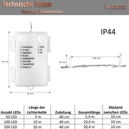 VOLTRONIC Lichtsnoer 200 LEDs Batterij | Transparante kabel Multi Color