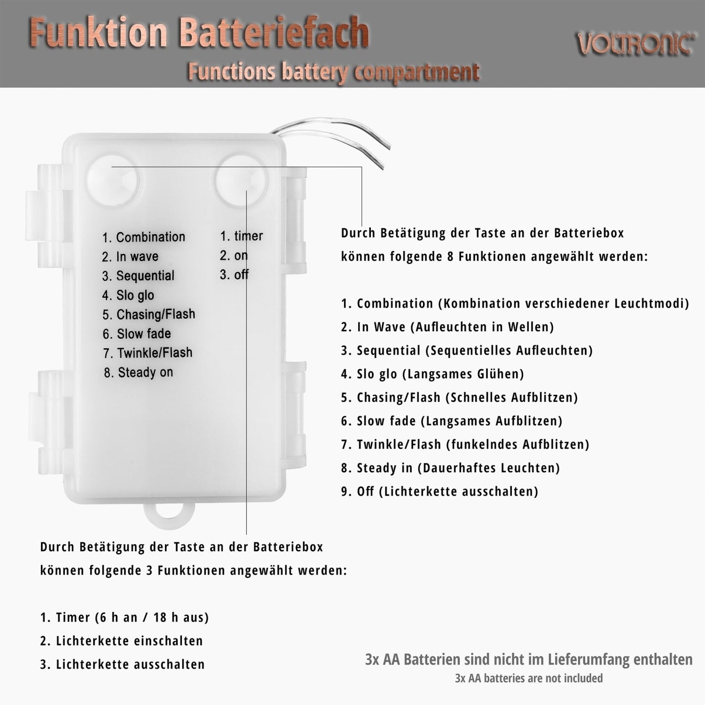 VOLTRONIC Lichtsnoer 200 LEDs Batterij | Transparante kabel Multi Color