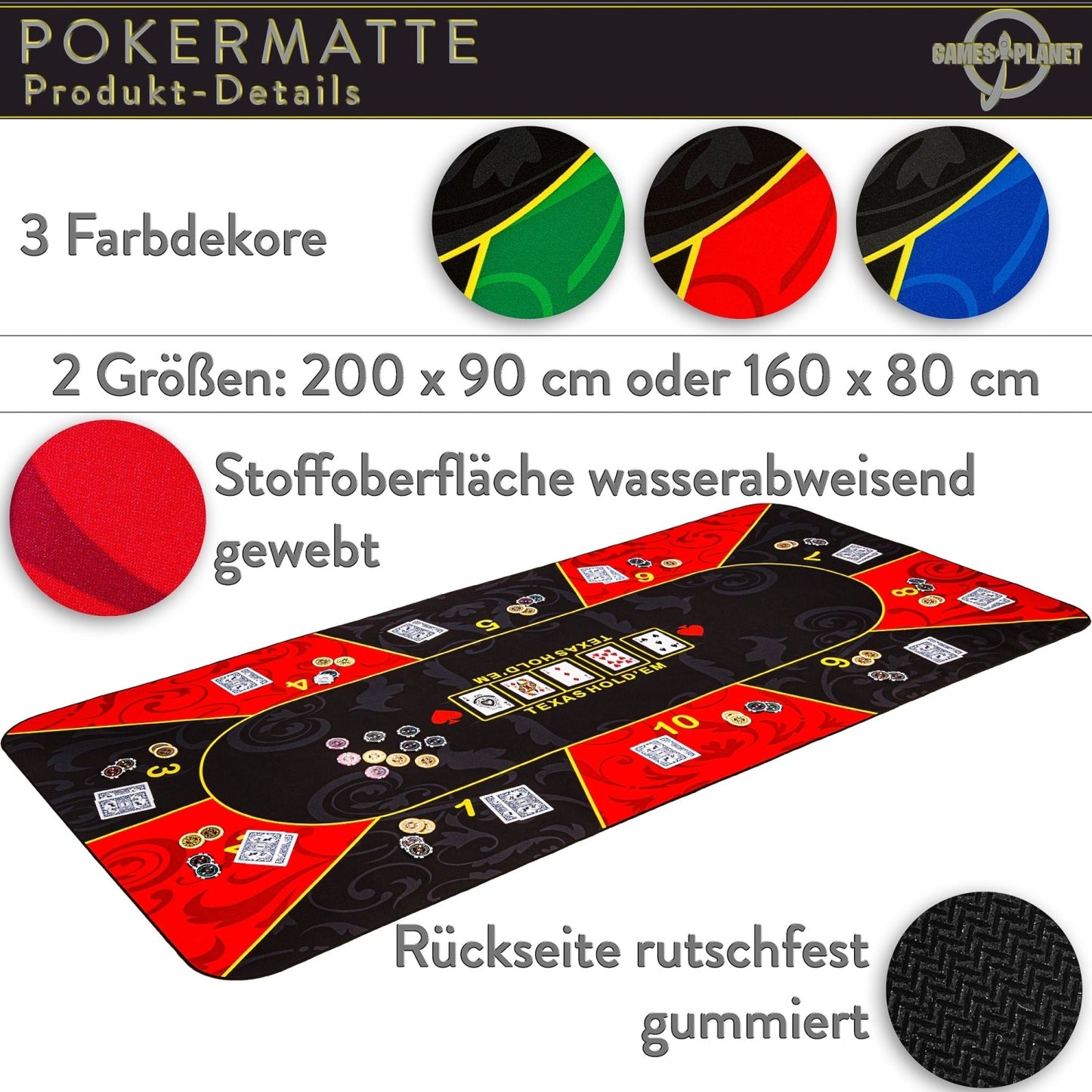 GAMES PLANET Pokermat 160 x 80 cm Zwart/Rood