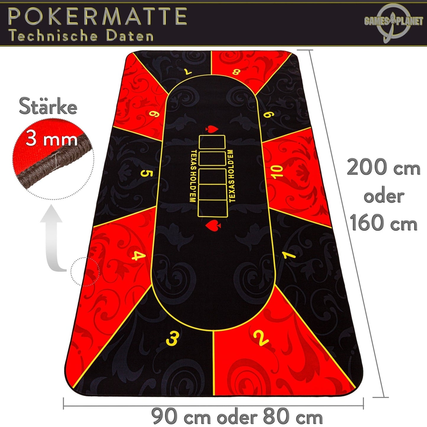 GAMES PLANET Pokermat 160 x 80 cm Zwart/Rood