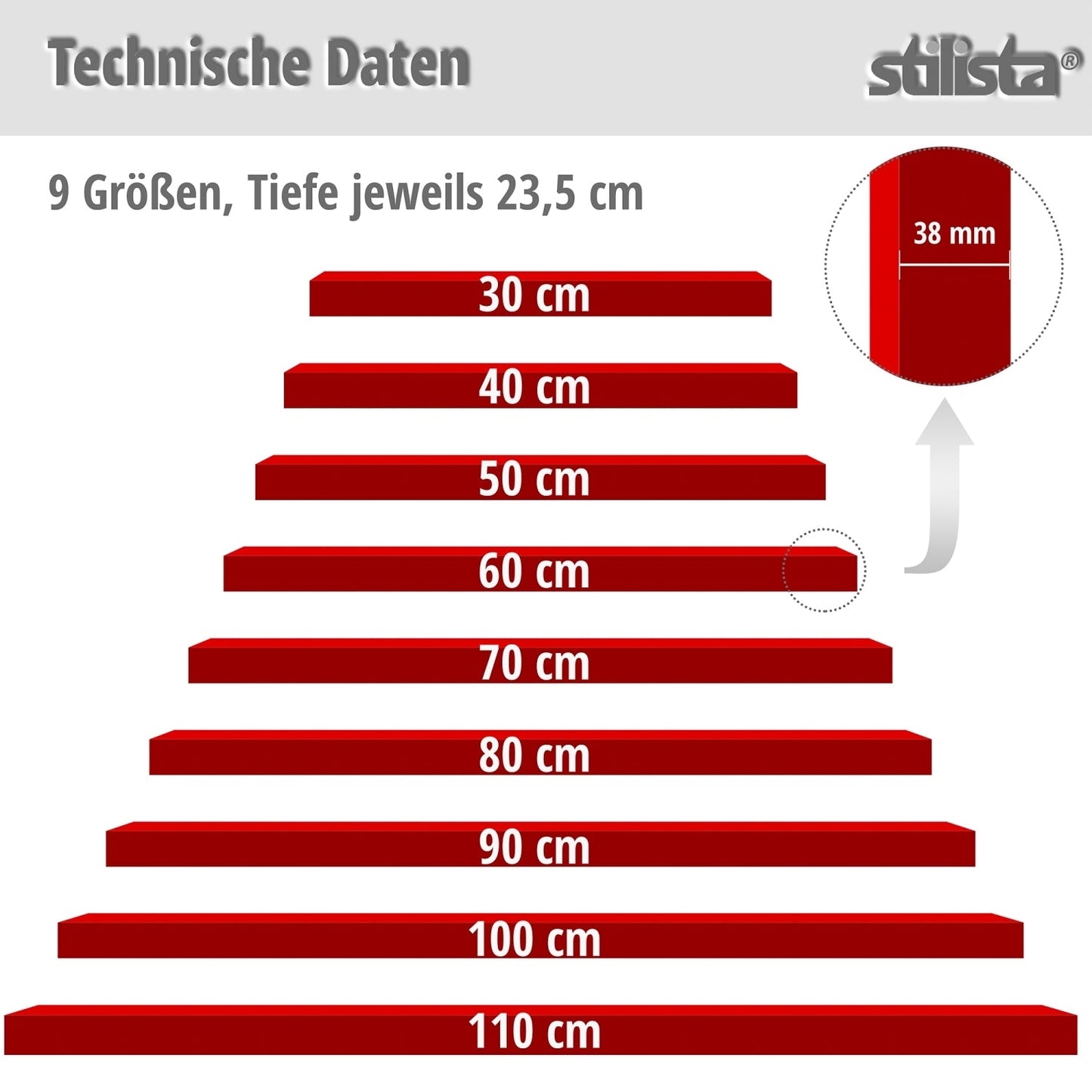 STILISTA Zwevende Wandplank 100 cm - Rood