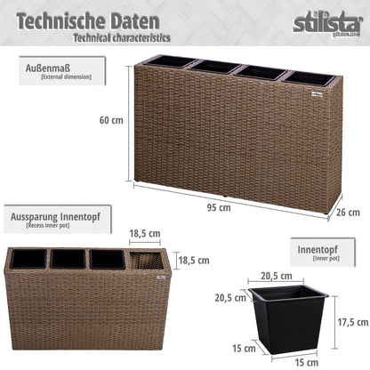 STILISTA Bloembak met 4 binnenpotten polyrattan Creme