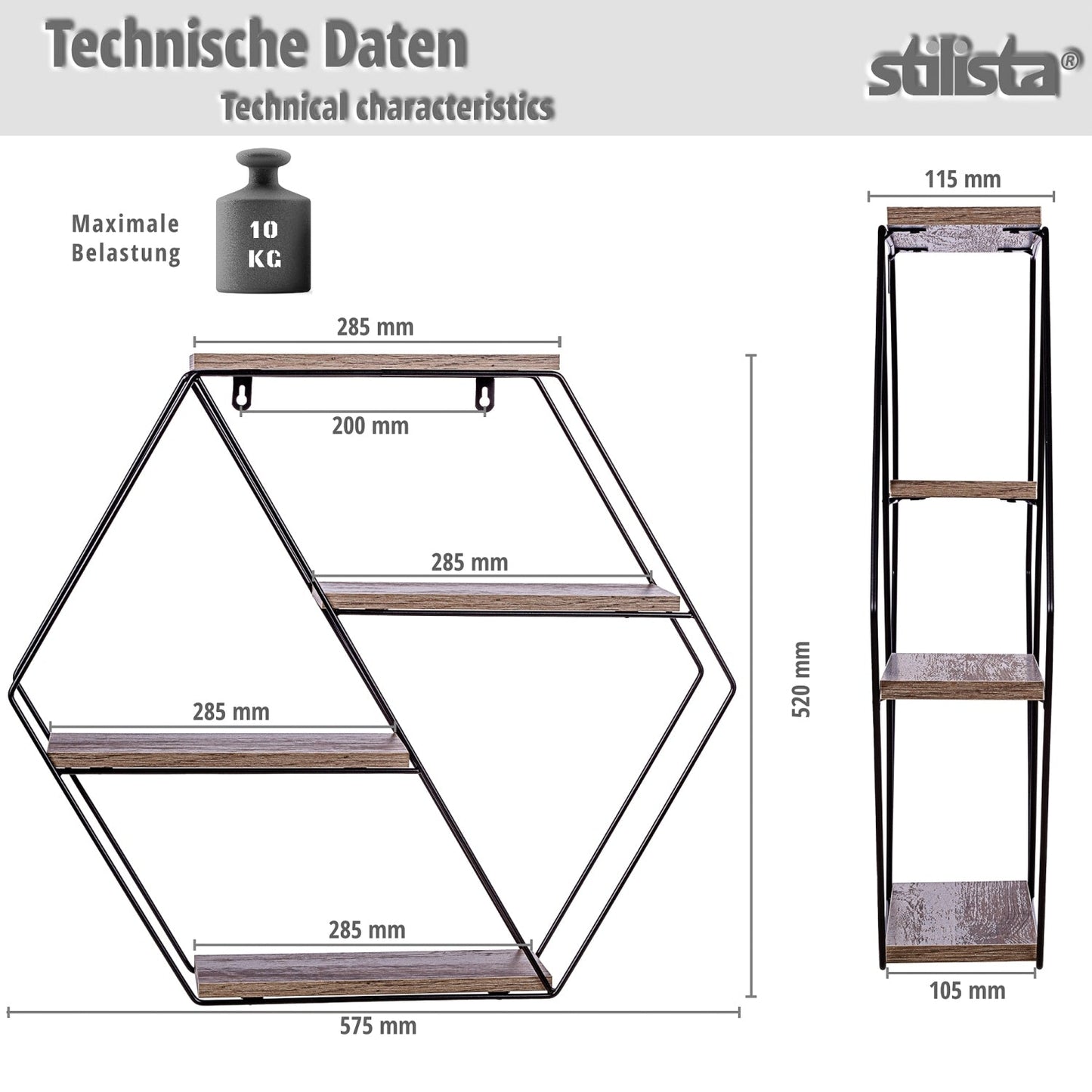 STILISTA Wandrek Hexagon Licht Hout