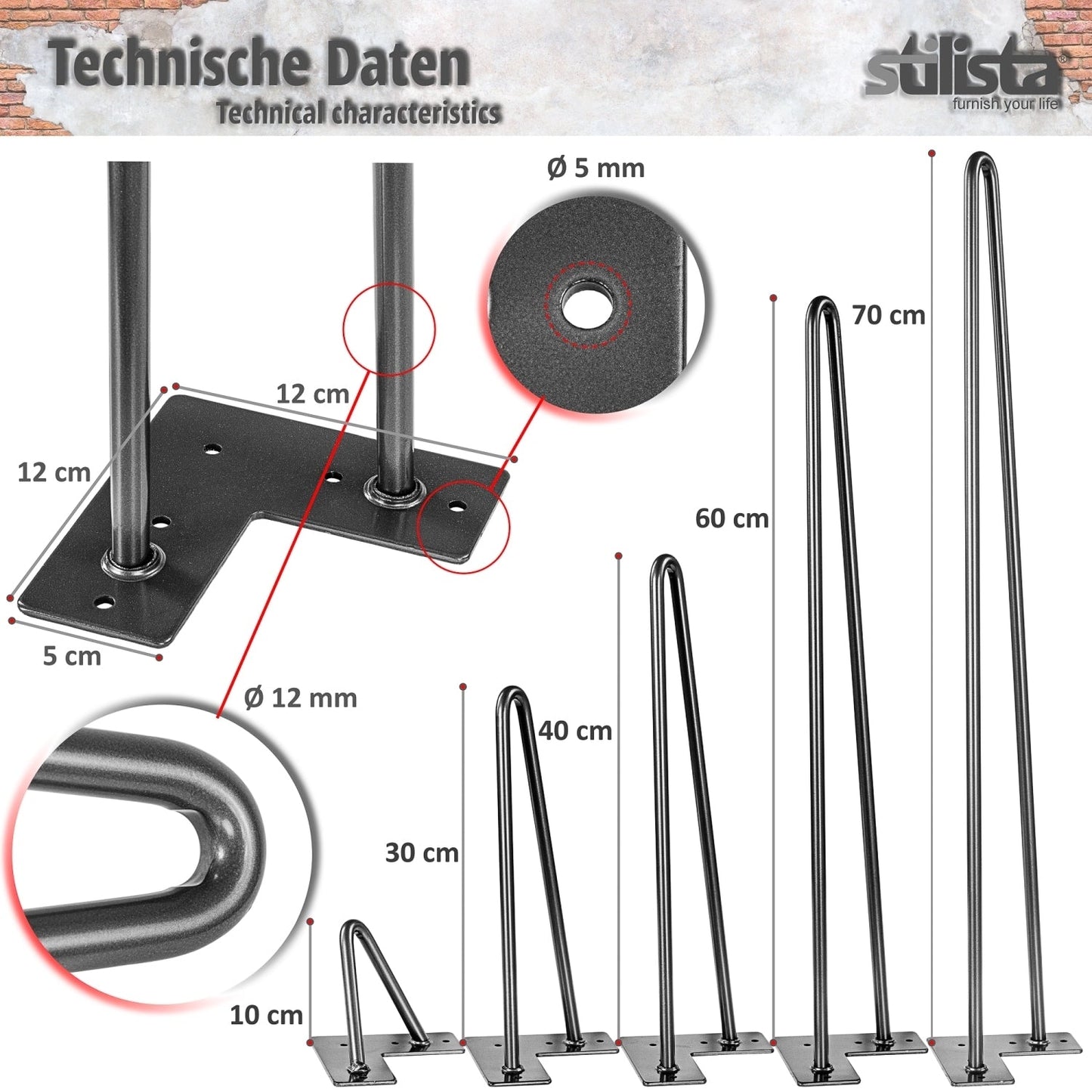 STILISTA Meubel poten Jazz set van 4 - 70 cm Zwart