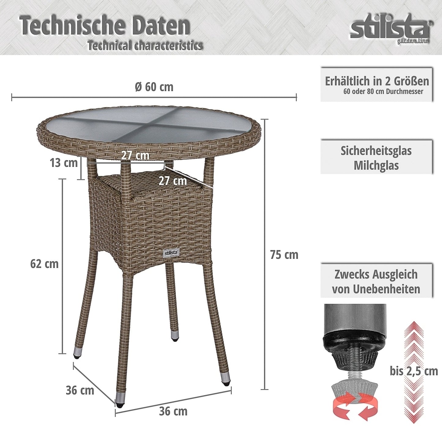 STILISTA Polyrattan Bijzettafel Ø 60 cm Grijs