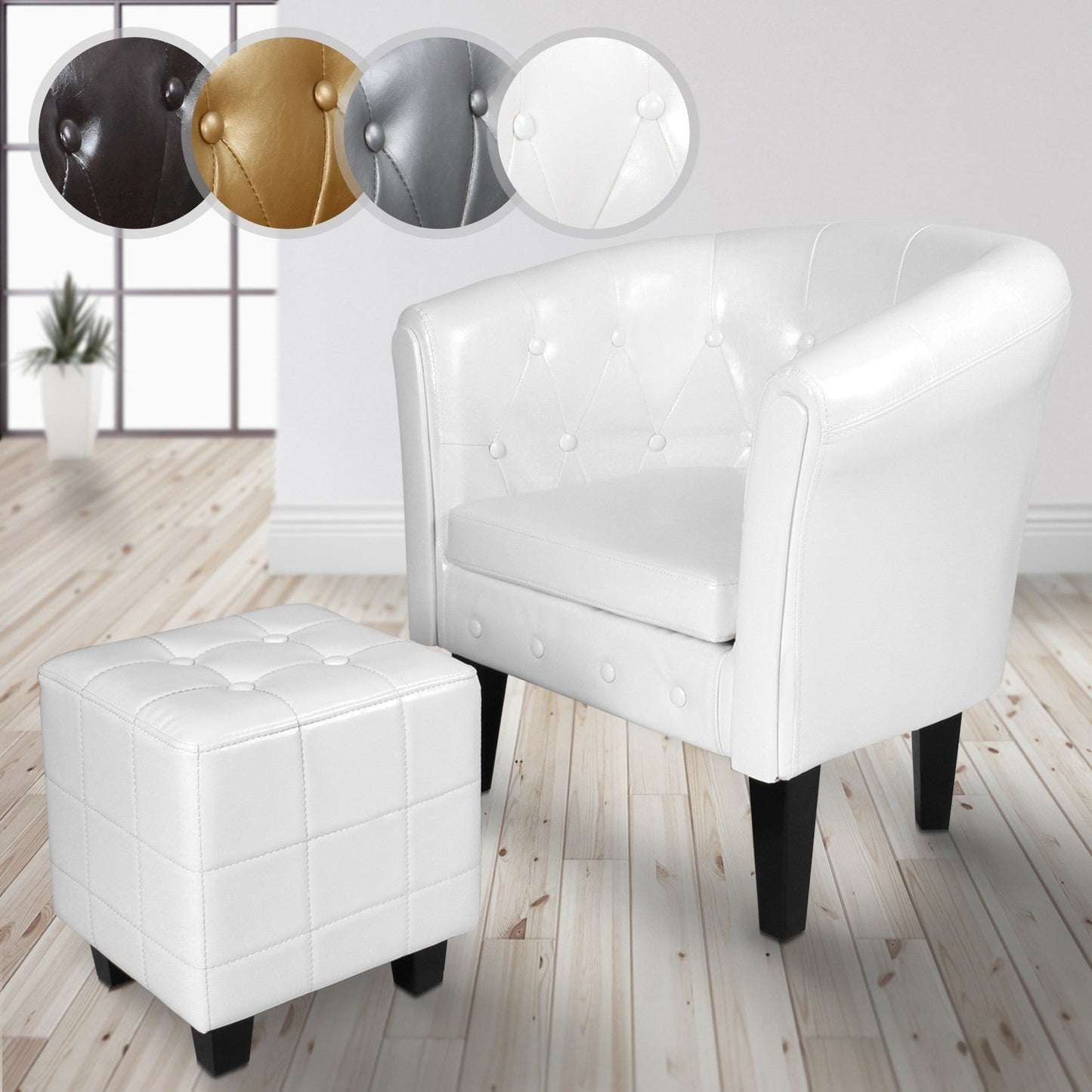 Miadomodo Chesterfield fauteuil kruk wit ruitpatroon