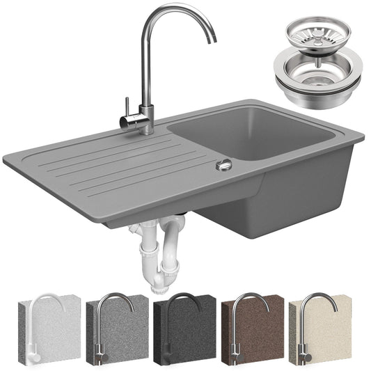 Aquamarin Spoelbak Graniet Grijs 75,9 x 22 x 45,9 cm met Afvoerset en RVS Kraan