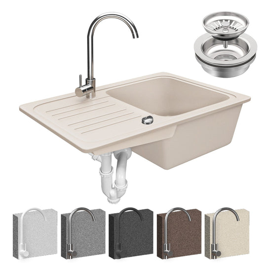 Aquamarin Spoelbak Graniet Beige 32 x 19 x 39 cm met Afvoerset en RVS Kraan