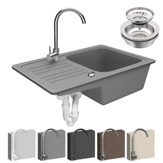 Aquamarin Spoelbak Graniet Grijs 32 x 19 x 39 cm met Afvoerset en RVS Kraan