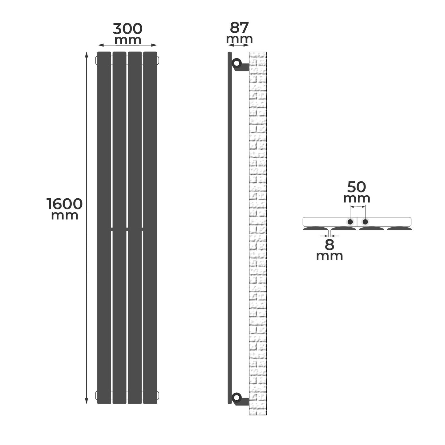 Aquamarin Verticaal model middenaansluiting wit 1600x300x52 mm