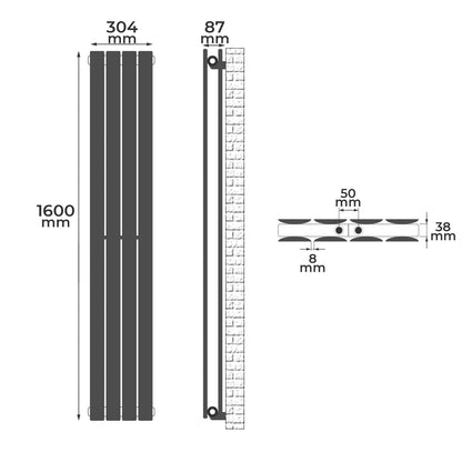 Aquamarin Verticaal model middenaansluiting antraciet 1600x304x69 mm