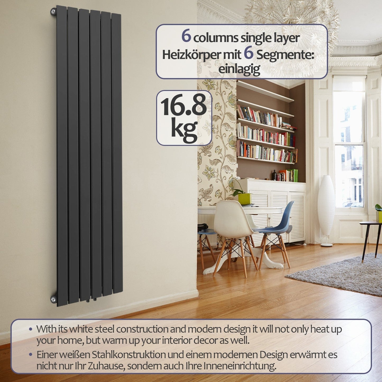 Aquamarin Verticaal model middenaansluiting antraciet 1600x452x52 mm