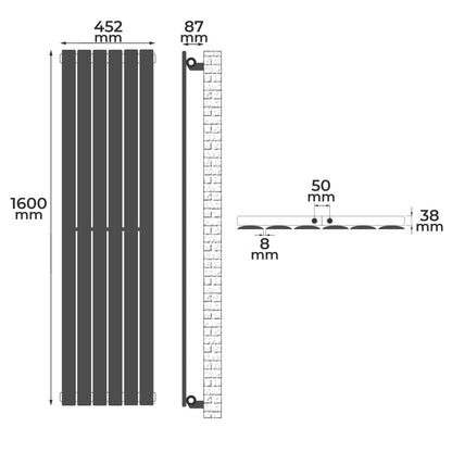 Aquamarin Verticaal model middenaansluiting antraciet 1600x452x52 mm