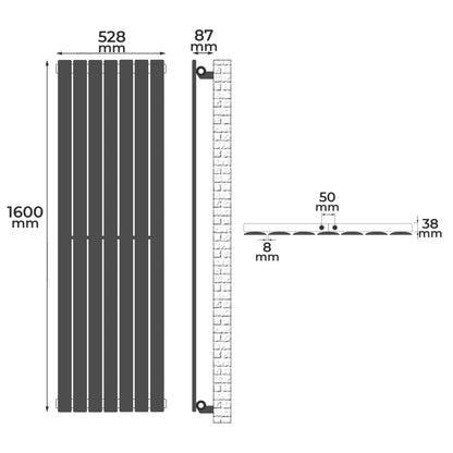 Aquamarin Verticaal model middenaansluiting antraciet 1600x528x52 mm