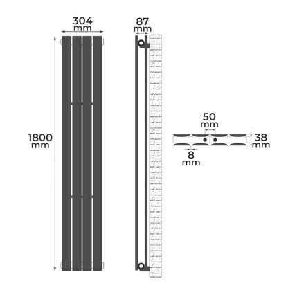 Aquamarin Verticaal model middenaansluiting antraciet 1800x304x69 mm