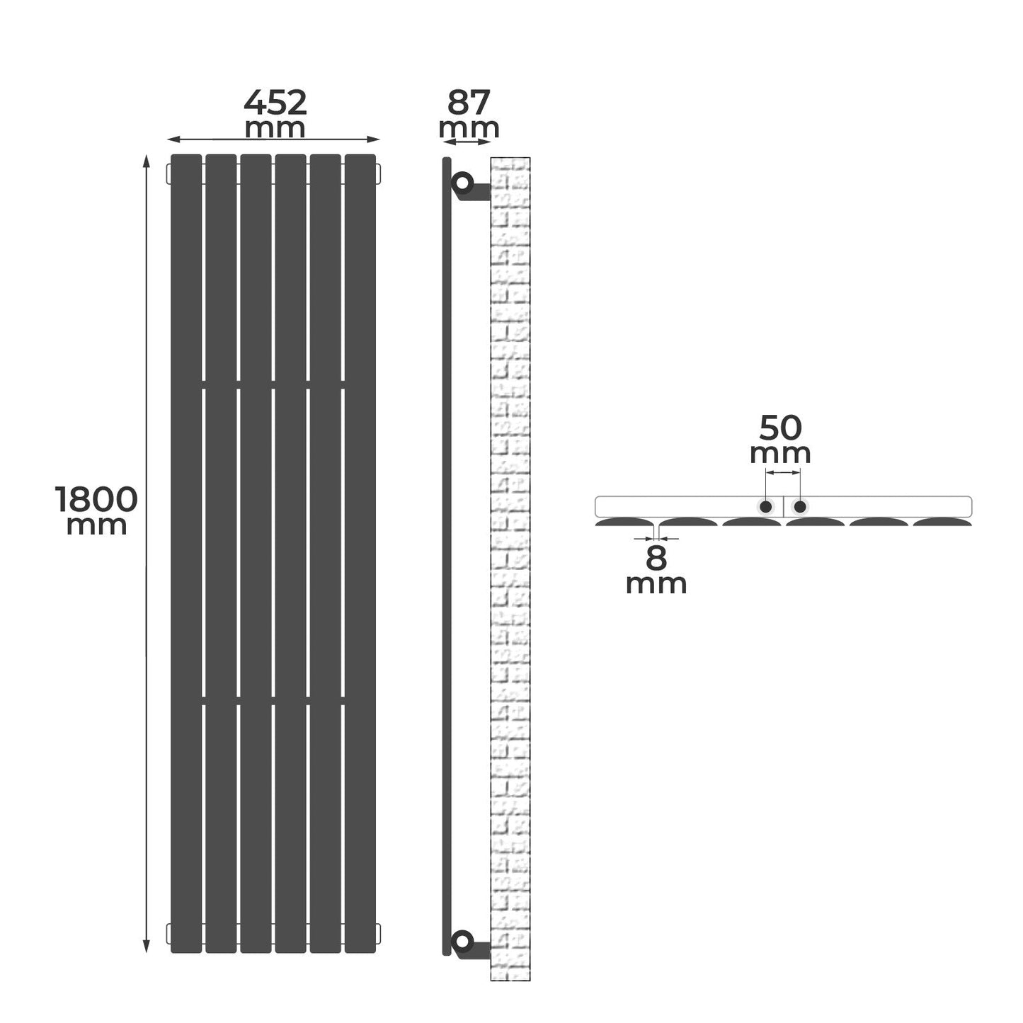 Aquamarin Verticaal model middenaansluiting wit 1800x452x52 mm