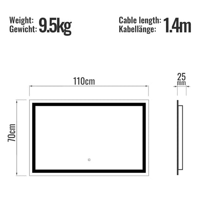 Aquamarin LED Badkamer Spiegel 110 x 70 cm met Anti-condens Functie