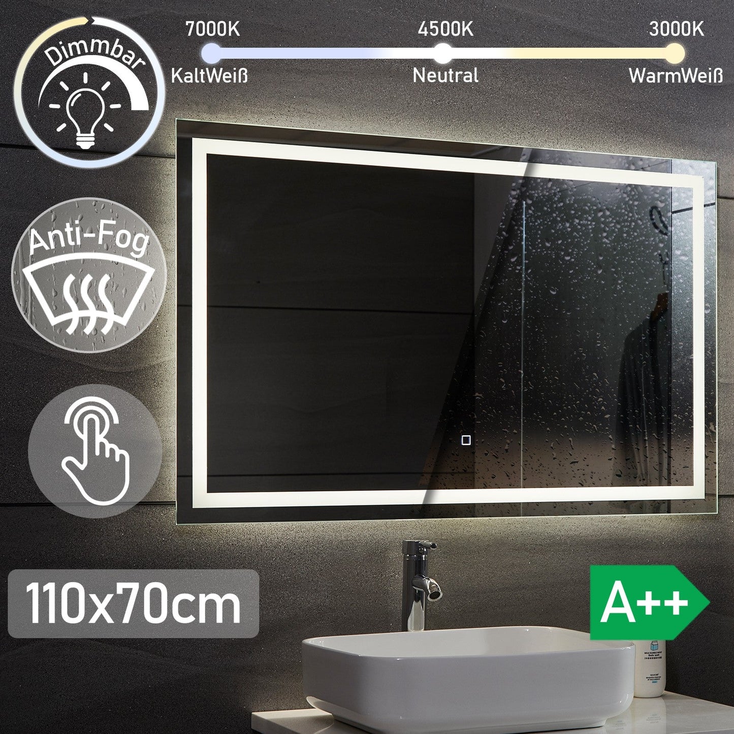 Aquamarin LED Badkamer Spiegel 110 x 70 cm met Anti-condens Functie