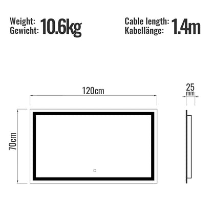 Aquamarin LED Badkamer Spiegel 120 x 70 cm met Anti-condens Functie