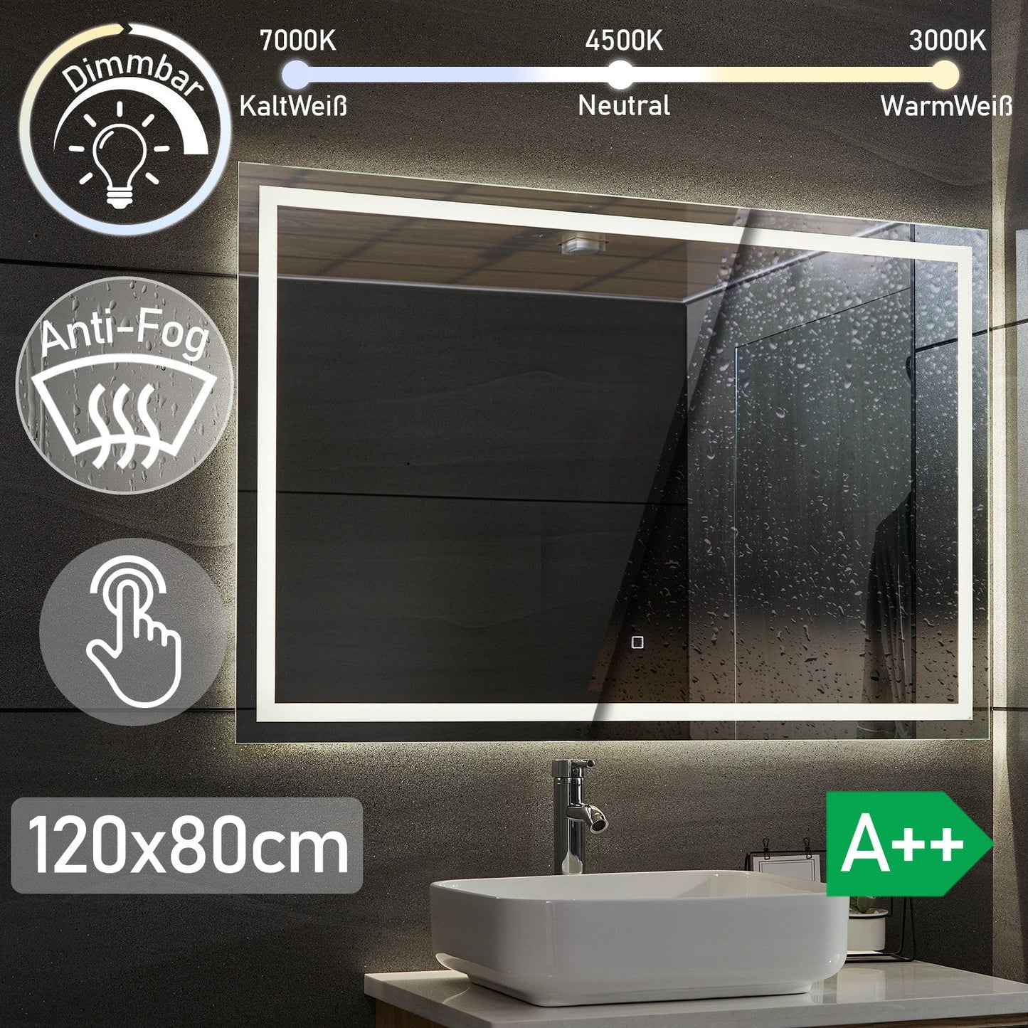 Aquamarin LED Badkamer Spiegel 120 x 80 cm met Anti-condens Functie