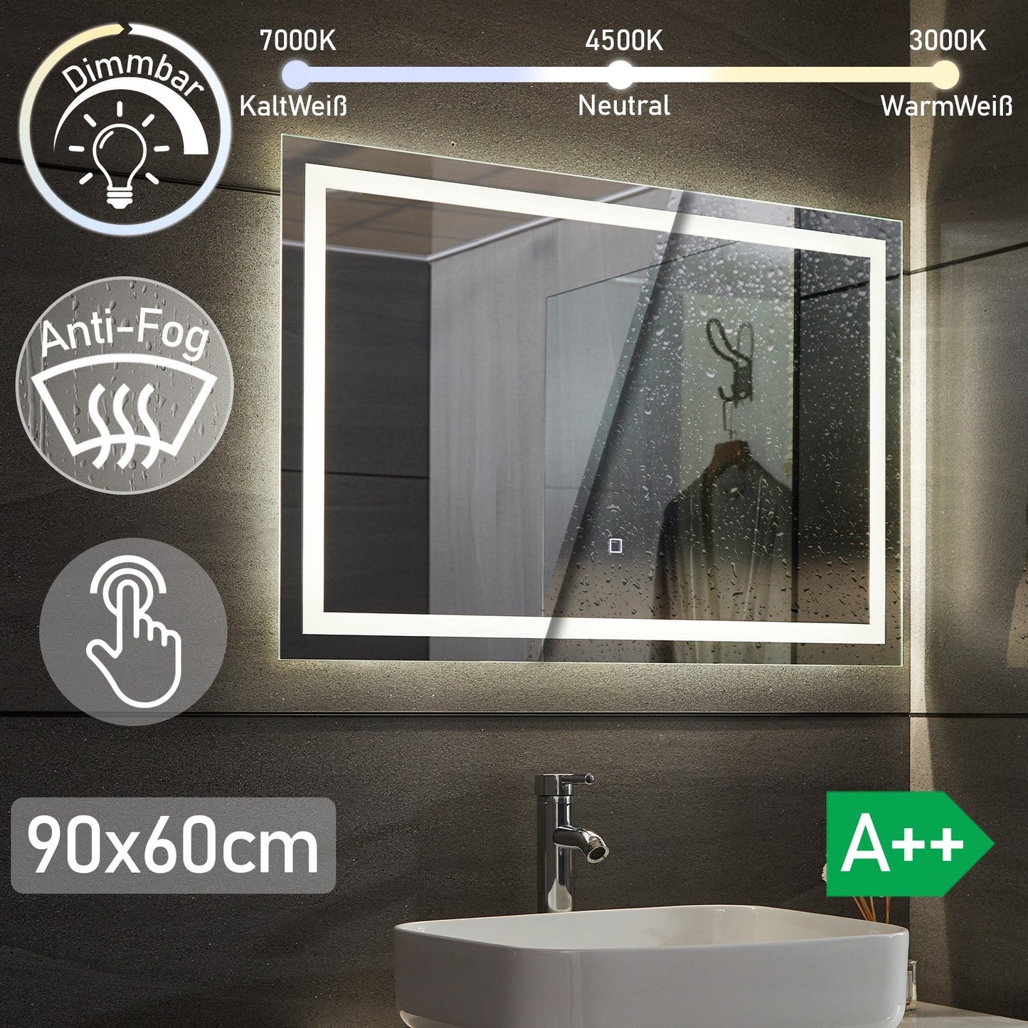 Aquamarin LED Badkamer Spiegel 90 x 60 cm met Anti-condens Functie