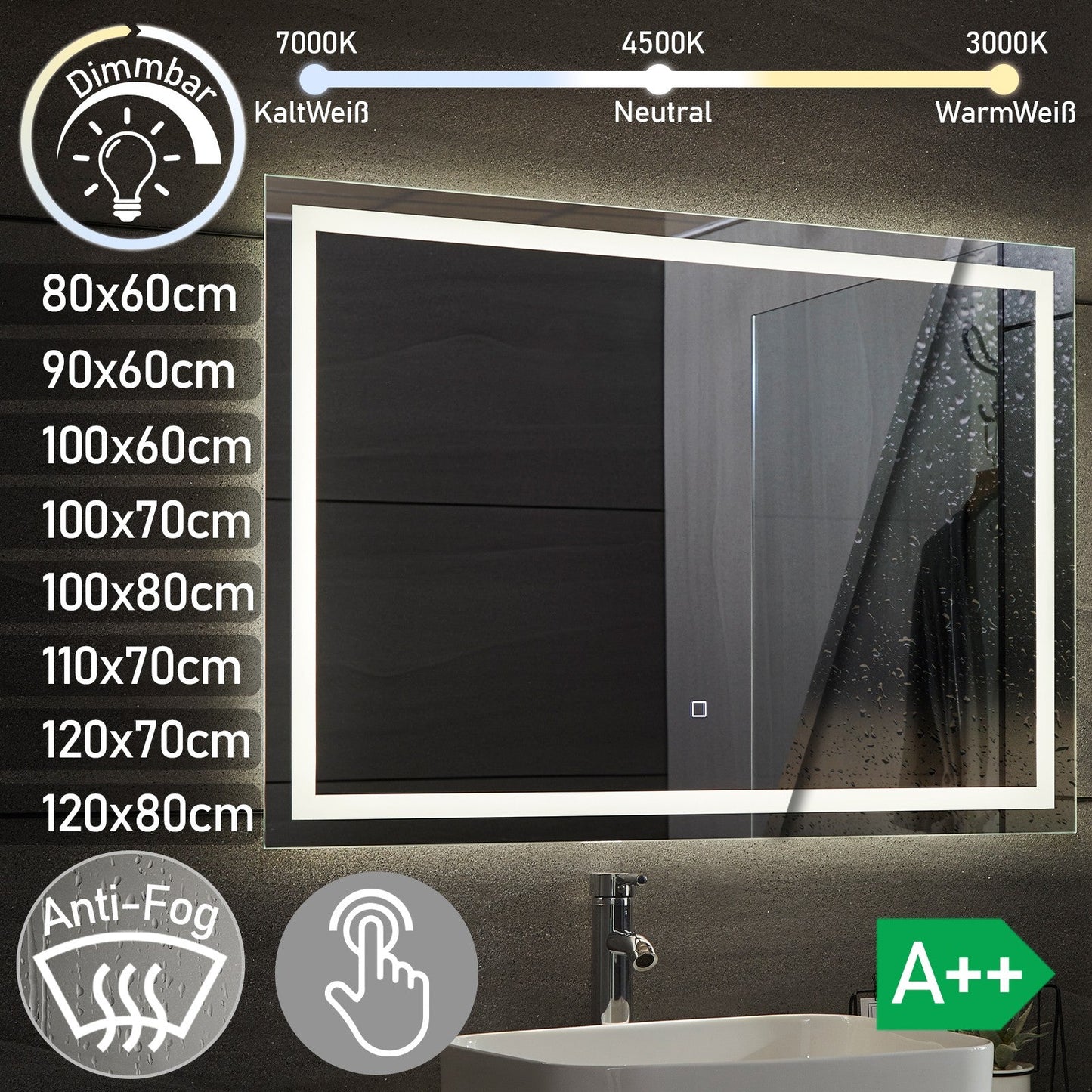 Aquamarin LED Badkamer Spiegel 90 x 60 cm met Anti-condens Functie