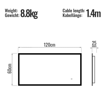 Aquamarin LED Badkamer Spiegel 120 x 60 cm met Anti-condens Functie