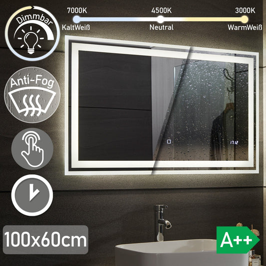 Aquamarin LED Badkamer Spiegel 100 x 60 cm met Anti-condens Functie en klok