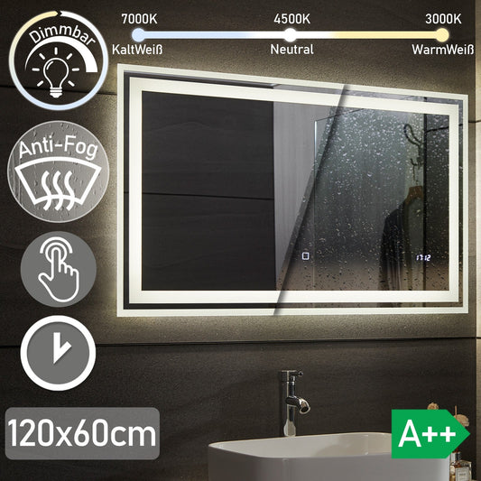 Aquamarin LED Badkamer Spiegel 120 x 60 cm met Anti-condens Functie en klok