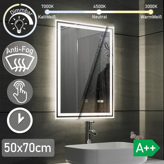 Aquamarin LED Badkamer Spiegel 50 x 70 cm met Anti-condens Functie en klok