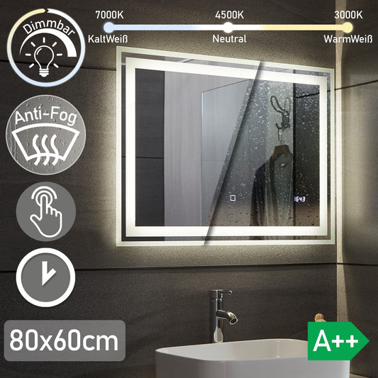 Aquamarin LED Badkamer Spiegel 80 x 60 cm met Anti-condens Functie en klok