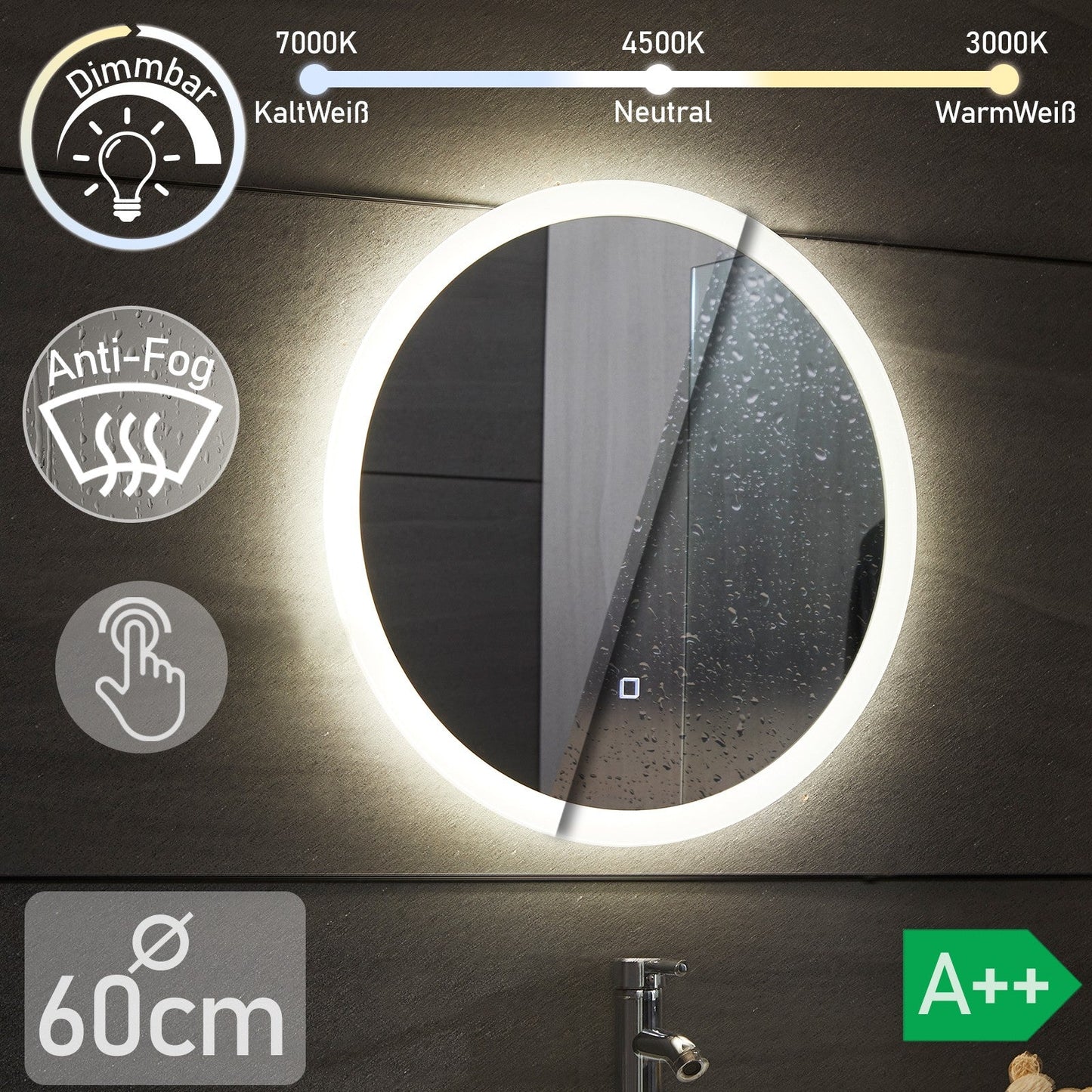 Aquamarin LED Badkamer Spiegel Ø 60 cm met Anti-condens Functie