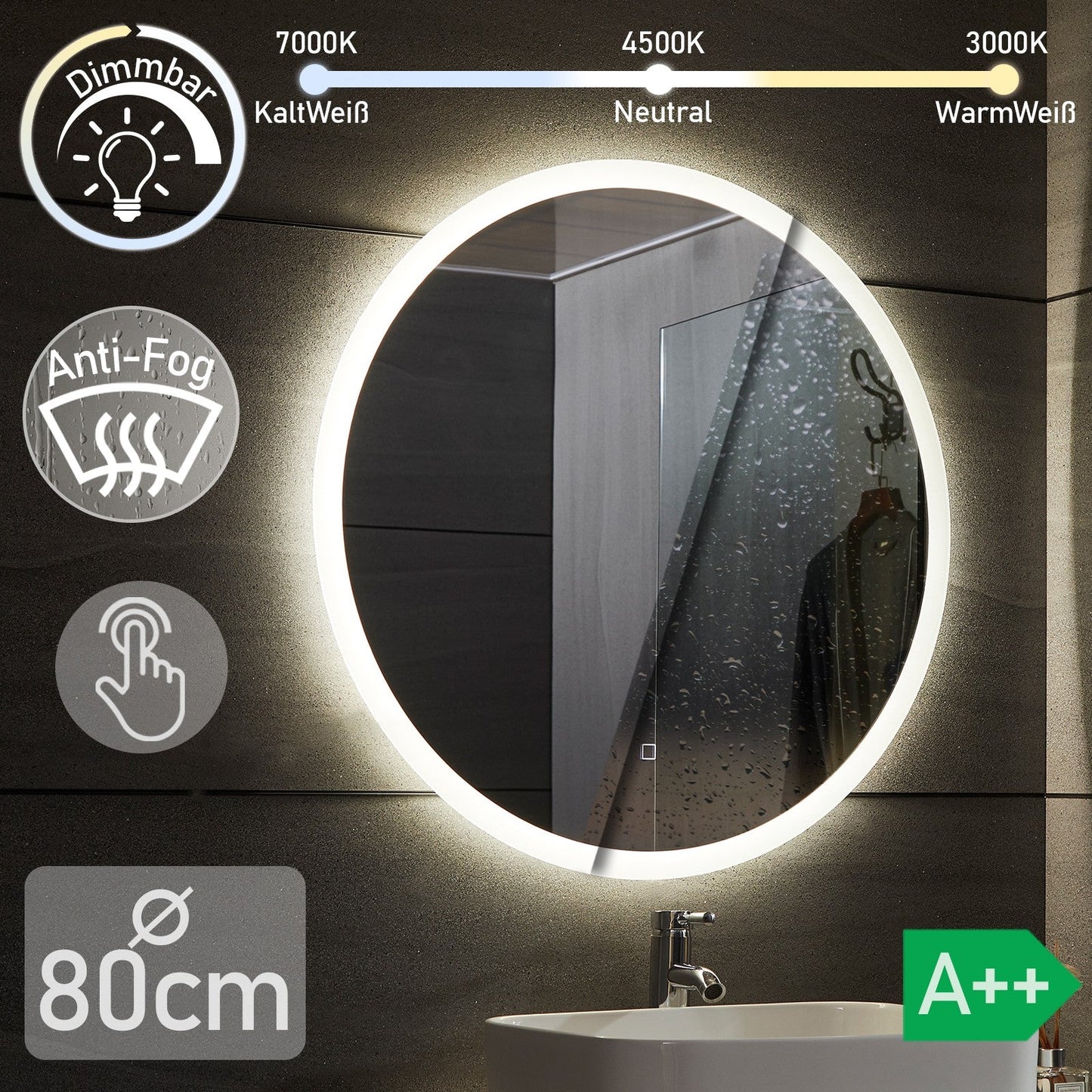 Aquamarin LED Badkamer Spiegel Ø 80 cm met Anti-condens Functie