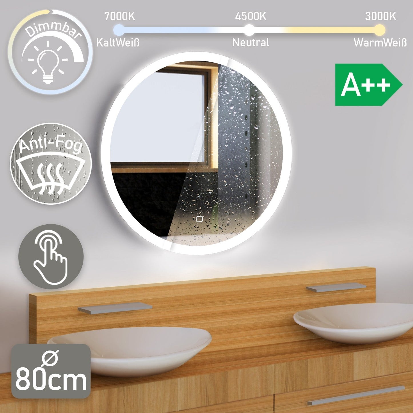 Aquamarin LED Badkamer Spiegel Ø 80 cm met Anti-condens Functie