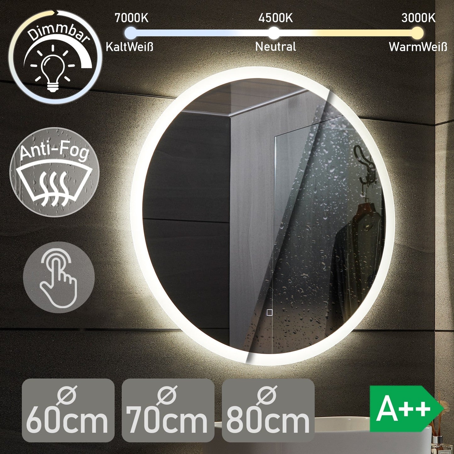 Aquamarin LED Badkamer Spiegel Ø 80 cm met Anti-condens Functie