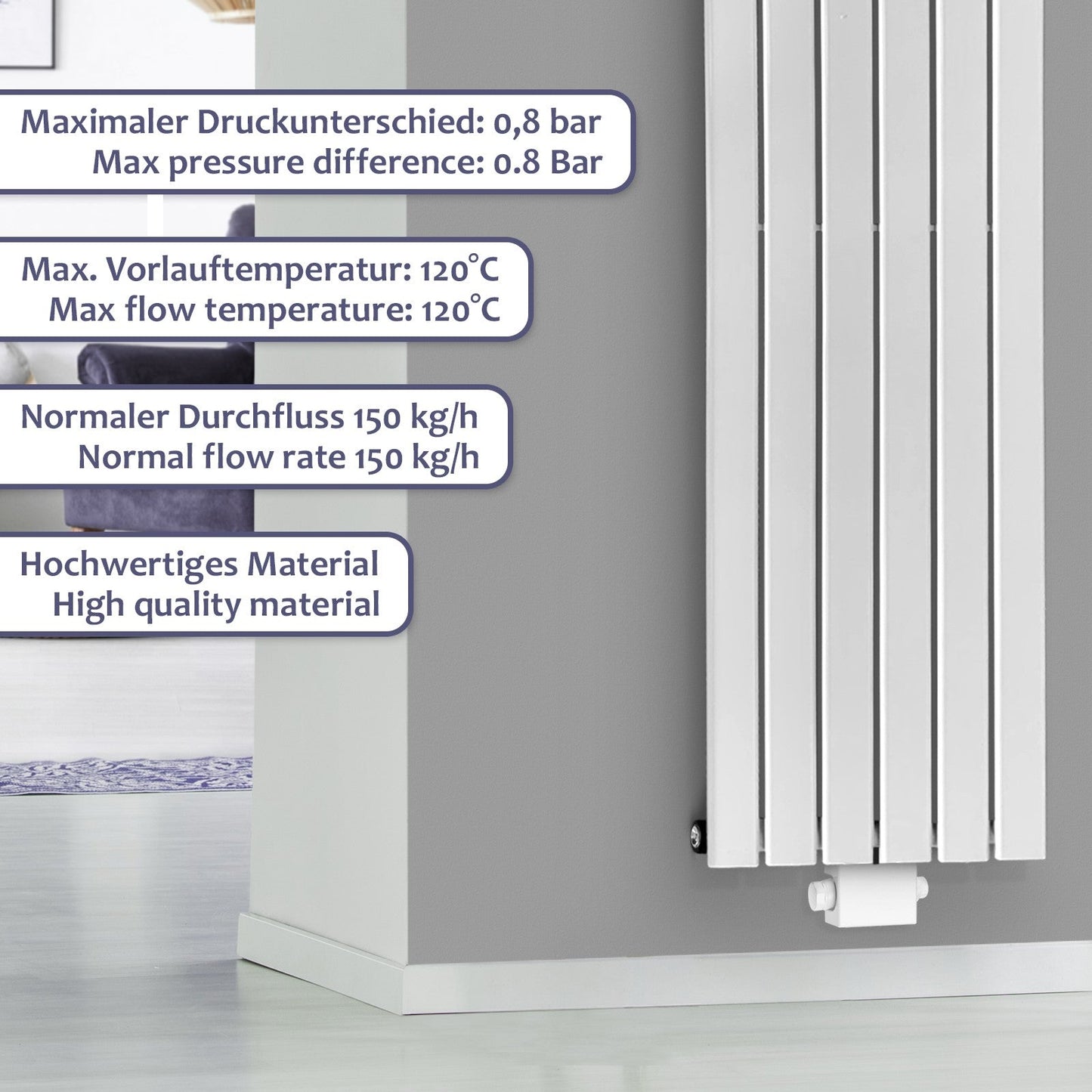 Aquamarin Verticaal model middenaansluiting wit 1600x300x52 mm